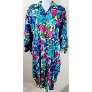 Sita Blue Pink Green Floral Print Button Bodice Pleated Dress Small Lightweight